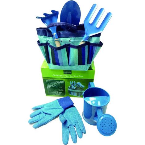 Outils de jardin pour tout-petits, outils de jardin pour enfants, arrosoir, gants, truelle, pelle, râteau, sac de jardin et robe enfant (bleue)
