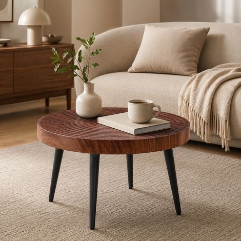 Mesa de centro redonda (73.99x73.61x22.5 cm), tablero con veta de nogal, patas metálicas negras, MDF y metal, nogal (1/5)
