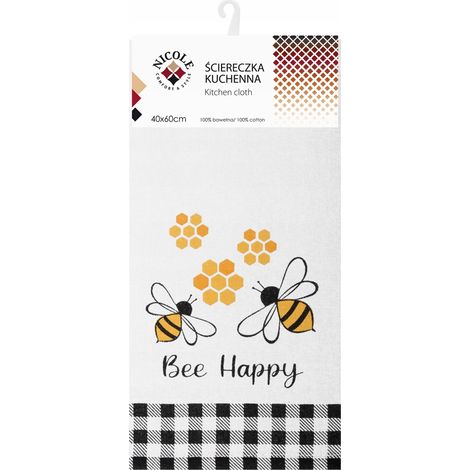Torchon de cuisine en coton NICOLE 40x60 cm art. 52387 blanc abeilles inscription Abeille Heureuse