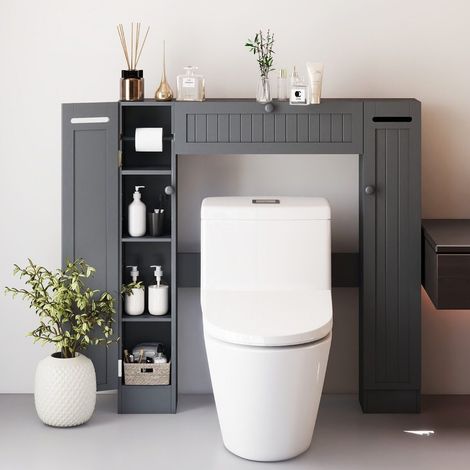 Meuble WC gris en MDF avec étagères réglables et porte-papier, rangement gain de place pour salle de bains et toilettes (1/5)