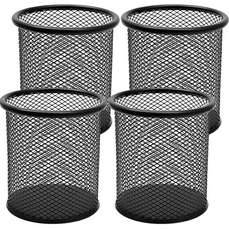Sollbry 4 PCS Pot a Crayon en Métal, Pot Crayon Rond en Métal, Mesh Multifonction Pot à Crayon, Porte Stylo, Organisation du Bureau et de la Maison, Noir (1/5)