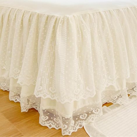 Folded Bed Skirt 150 x 200 cm Double Layer Bedspread with Ruffle Wrap Around Ruffle Skirt French Style Lace Bed Skirt for Women Beige (1/5)