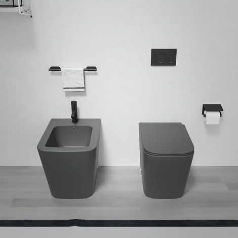 Coppia di Sanitari Filomuro in Ceramica Rimless Grigio opaco Vaso Bidet e Copriwc Soft-close Mod. Londra (1/5)