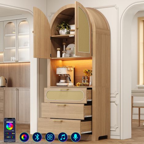 Vitrine et meuble de rangement 80 × 35 × 180 cm – Armoire haute avec LED réglable – Portes en rotin – 1 compartiment vitré + 2 étagères + 3 tiroirs – Pour salon ou entrée (1/5)