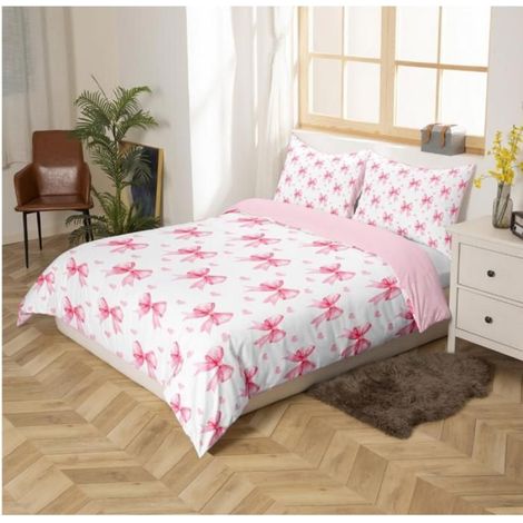 1 Housse de couette 90x190cm motif nœud blanc rose pour chambre enfant fille adolescent (1/4)