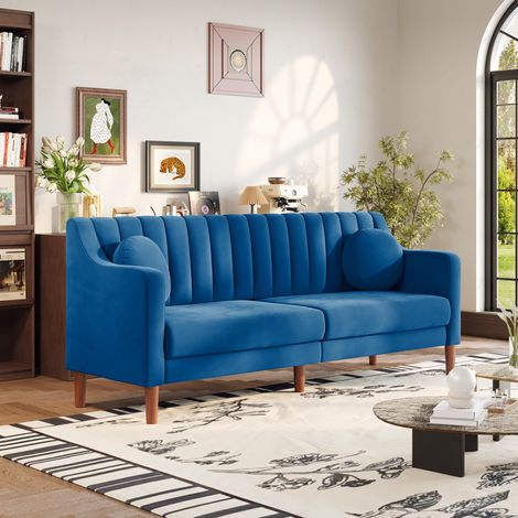 3-Sitz-Sofa im Art-Déco-Stil - in Blau-Velours - gestreifter Rückenlehnenteil - massive Holzbeine - 206L x 74B x 83H cm