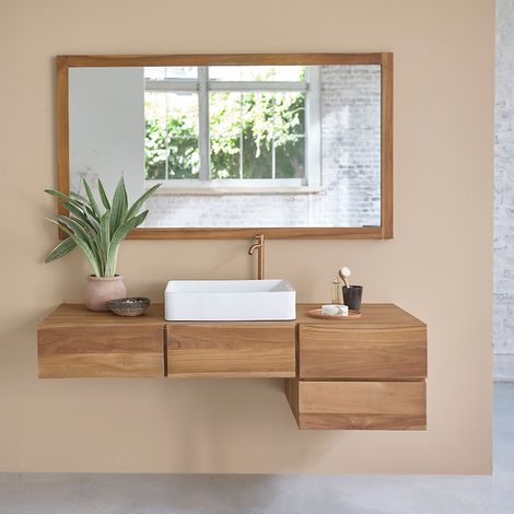 Berah Getah – Meuble sous vasque simple en teck brut 145 cm – 3 tiroirs – Anti humidité – Rangement pratique pour salle de bain moderne (1/5)