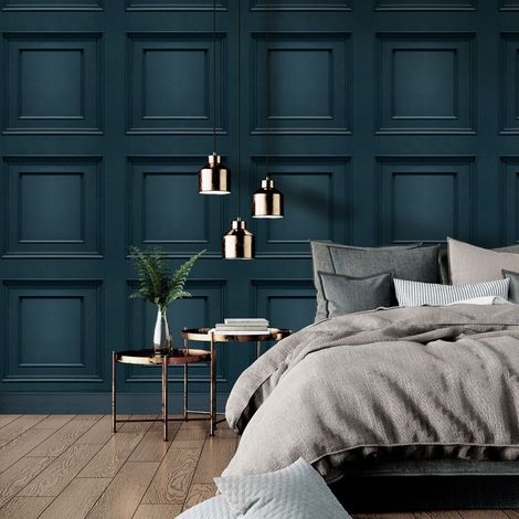 Navy Panel Effect Wallpaper 3D Wood Effect Smooth Matte Finish Oliana Belgravia (1/5)