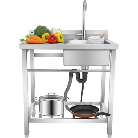Évier de cuisine à simple bol en acier inoxydable, 80 x 55 x 84 cm, autonome avec robinet 360°, étagère et porte-serviettes, pour restaurants, cafés, cuisine, station de nettoyage (1/5)