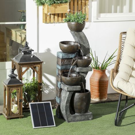 5-stufiger Gartenbrunnen mit LED-Beleuchtung, Solarpanel und grauer/brauner Harzpumpe