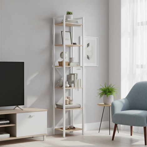 Bibliothèque à 6 Niveaux, Étagère sur Pied Étroite en Acier, Gain de Place, pour Bureau, Salon, Bois Naturel, Beige (1/4)