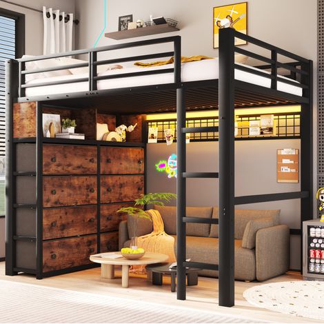 140x200 cm Hochbett aus schwarzem Metall mit LED, 8 Schubladen OKMYHOME (1/5)