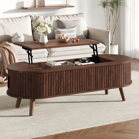 Mesa de centro de MDF 120 x 50 x 39,5 cm, nogal, altura ajustable hasta 53,5 cm, con almacenamiento oculto (1/5)