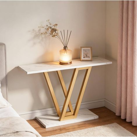 Tavolo consolle 110x30x80 cm bianco e oro in legno e metallo con design slim (1/5)