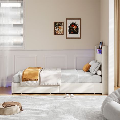 Lit 90x200 cm, avec quatre tiroirs, éclairage LED réglable, 2 USB et 1 fonction de charge tpcy-c, lin, convient aux adultes et aux adolescents, Beige