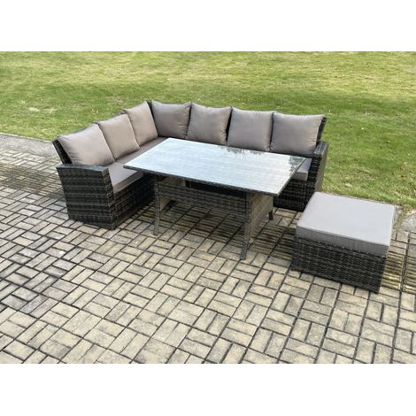 Fimous 7 Seater Garden Rattan Furniture Corner Dining Set with Big Footstool Indoor Outdoor Lounge Sofa Set Dark Grey Mixed (1/5)