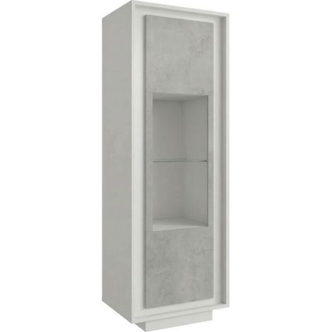 Vitrine 1 porte blanc laqué façades aspect ciment et verre piètement socle - AZONTO