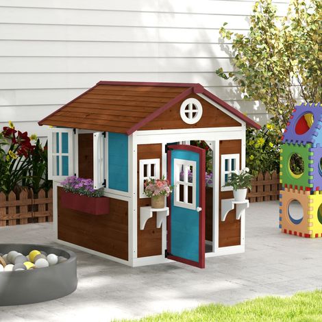 Holzspielhaus für Kinder mit Tür, Fenstern, Pflanzkästen und Regalen mit farbigen Details, 114 x 126,4 x 135 cm, Dunkelbraun