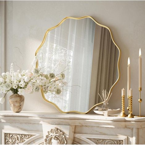 Grand miroir rond à bord ondulé de 50 cm avec cadre en métal texturé à suspendre ou à poser au mur pour salle de bain, entrée, salon, doré (1/5)