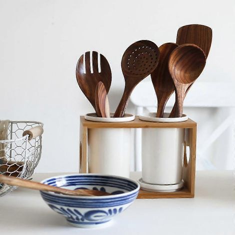 Ensemble de 6 ustensiles de cuisine en bois naturel non toxique : spatule, cuillère et cuillère. (1/4)