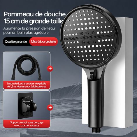 Kit 3 noir élégant pommeau de douche haute pression, flexible anti-explosion de 1,5 m, support sans perçage, 15 × 4 × 26,5 cm, 360 g. – Livraison gratuite