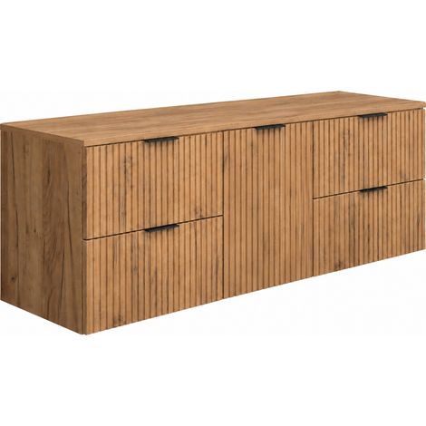 Mobile sottolavabo sospeso 160 cm, 4 cassetti, 1 anta, chiusura ammortizzata, cesto portabiancheria, Rovere Craft, maniglie nere, 160 x 46 x 57 cm (1/5)