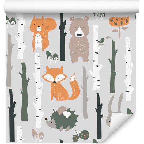 Carta da parati con allegri animali del bosco per soggiorno e camera da letto, 50x1000 cm (1/5)