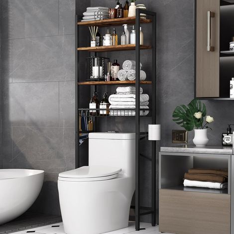 Étagère de Toilette Multifonctionnelle Ajustable à 4 Niveaux avec Panier pour Salle de Bain et Toilettes, Gain de Place, Facile à Assembler - Brun Vintage (1/5)