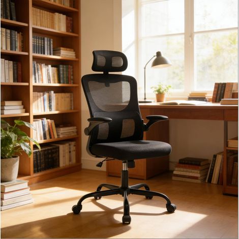Bürostuhl 69.5x62x116-123.5 cm schwarz aus Mesh und Metall mit hoher Rückenlehne und klappbaren Armlehnen (1/4)