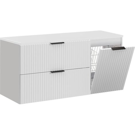 Furnidea - Meuble suspendu sous vasque ADEL BLANC 120 cm avec panier à linge et plan - 2 tiroirs - Façades rainurées (1/5)