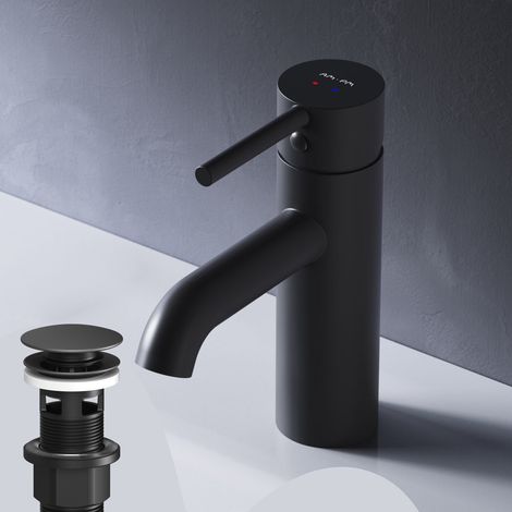 AM.PM Badarmatur mit Pop-Up Ablaufventil für Waschbecken Wasserhahn Bad Schwarz Waschtischarmatur mit Ablaufgarnitur 1 1/4 Zoll Messing Ventil Ablauf