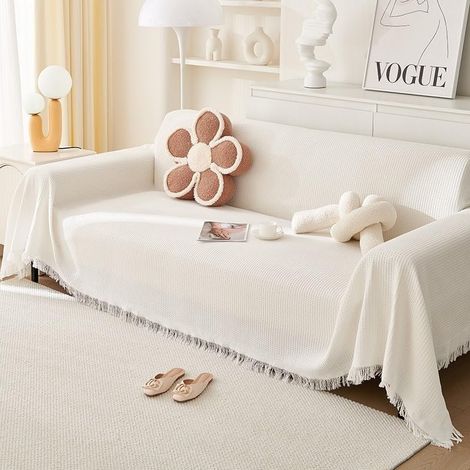Toalla de sofá minimalista moderna de chenilla blanca perla, lavable a máquina, funda protectora para sofá de mascotas, estilo bohemio (blanco perla, 130 x 180 cm)