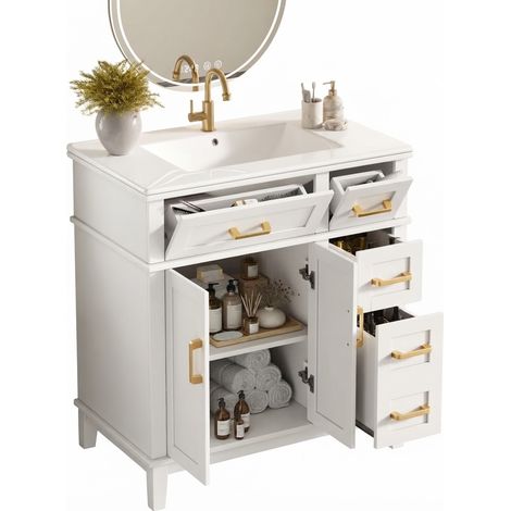 ELVMI Mobile Sottolavabo con Cassetti e Ante, Lavabo in Ceramica, Chiusura Ammortizzata, MDF, 76x46.5x86 cm, Bianco (1/5)