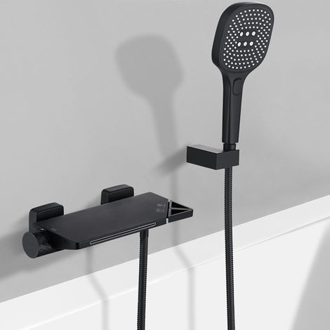 Robinet de Baignoire Cascade Mural Mitigeur de Baignoire avec Douchette Robinet Mitigeur pour Salle de Bains en Laiton Noir PTBB10E (1/5)