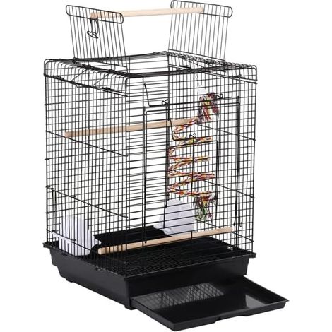 1 Cage à Oiseaux Métal, Toit Ouvert, 3 Perchoirs, 2 Mangeoirs, Jouet Détachable, Pour Perruches et Canaris (1/5)