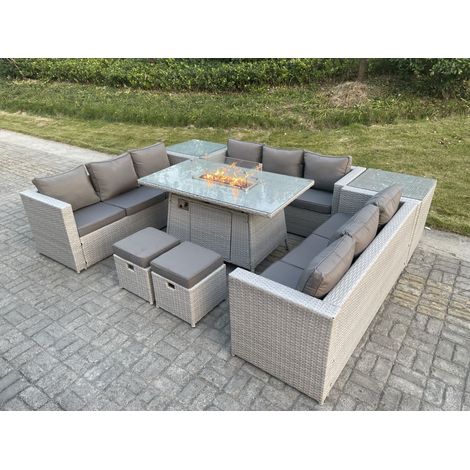 Fimous Light Grey U Shape Lounge Sofa Dining Set With Gas Fire Pit Heater Burner With 2 PC Side Coffee Tea Table Stools (1/5)
