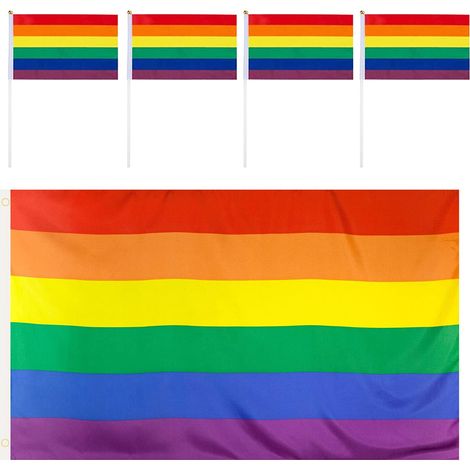 Drapeau arc-en-ciel QSUM Gay Pride 90 x 150 cm (lot de 10) avec bâtonnet, idéal pour les décorations de la Marche des Fiertés LGBT lors des festivals et carnavals. (1/5)