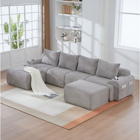 Canapé modulaire 4 places en velours côtelé gris clair 333x174x80 cm, avec porte-gobelet et poche latérale (1/3)
