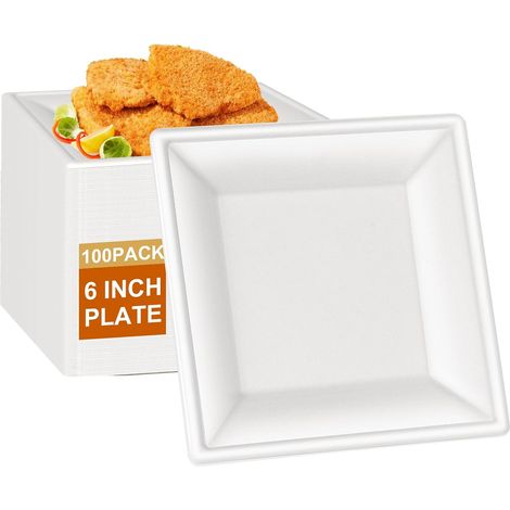 Lot de 100 Assiettes Carrées en Canne à Sucre - 16 cm - Blanches - Vaisselle Jetable pour Barbecue - Carton Bagasse (1/5)