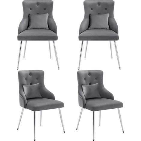 Juego de 4 sillones modernos de terciopelo gris con tapizado abotonado y patas de metal, ideales para sala de estar, dormitorio, oficina o estudio. (1/5)