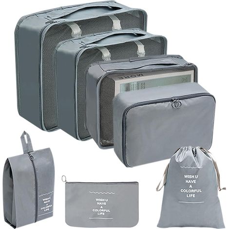 7 cubes de rangement pour voyage, sacs de rangement pour valise, fermeture éclair, polyester, dimensions 40x30x11 cm, couleur assortie (1/5)