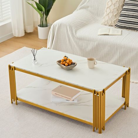 Table Basse Rectangulaire en Effet Marbre et Métal à Double Plateau de Style Moderne - 114x64x46cm - Or et Blanc (1/5)