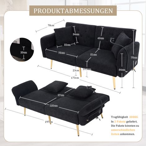 Canapé-lit multifonctionnel pour deux personnes avec dossier réglable, deux ports USB, support pour téléphone portable, poche latérale, pieds en métal – un canapé pliant moderne pouvant servir de sièg (1/5)