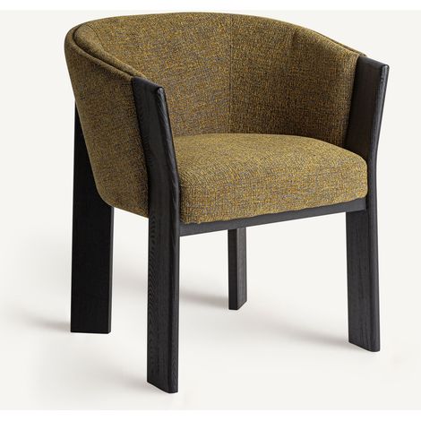 Chaise curvée en tissu beige et bois massif de chêne clair NARA-Jaune (1/5)