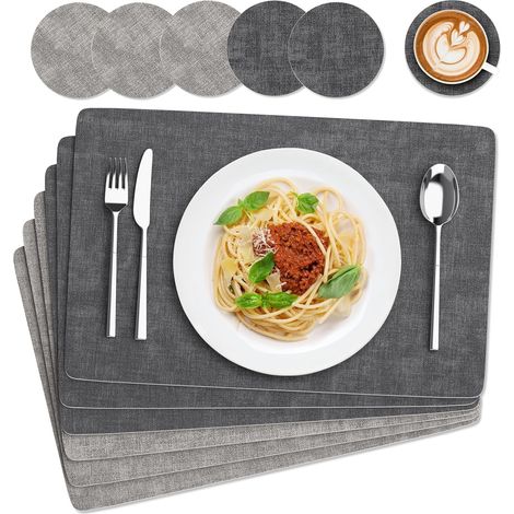 Platzsets und Untersetzer, 6er-Set, [Doppelseitig, Zweifarbig] Hitzebeständige und rutschfeste, abwaschbare PU-Platzsets für den Innen- und Außenbereich in der Küche (43×30cm-Grau) (1/5)