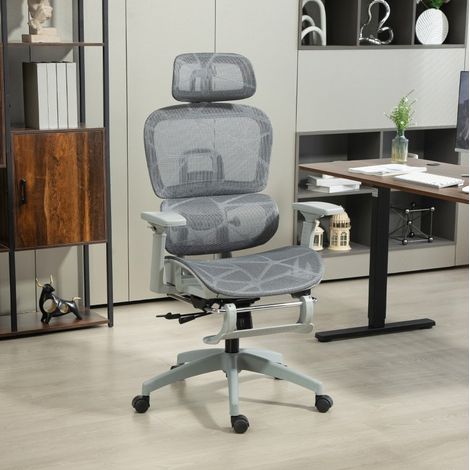 Sedia da ufficio ergonomica in rete, regolabile, girevole, con braccioli, poggiatesta, grigio (1/5)