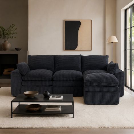 Divano modulare 3 posti con pouf, cuscini e tasche laterali, nero DESVIAE (1/5)