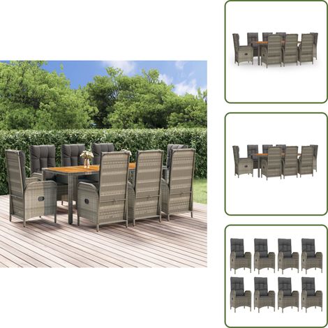 Chaise de jardin - vidaXL Ensemble à manger de jardin 9 pcs coussins gris résine tressée - Table de jardin en bois