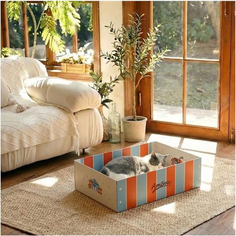 Griffoir pour Chat avec Maison en Carton – Lit et Grattoir 2-en-1 Robuste – Meuble en Pulpe de Bois Blanche – Salon pour Chat d'Intérieur – Design Durable et Propre (1/5)