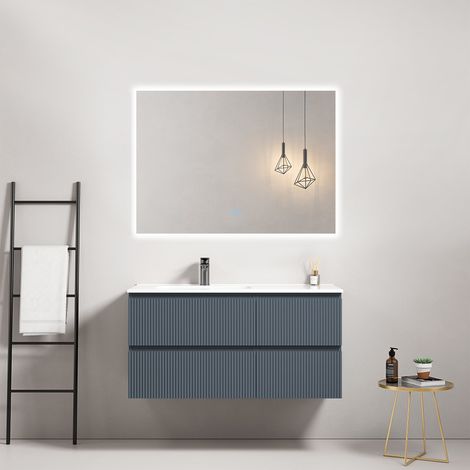 Mobile bagno sospeso cannettato 100 cm Blu Mare Lavabo a Sinistra in Ceramica Specchio Quadro Retroilluminato - Fiji Paint (1/4)